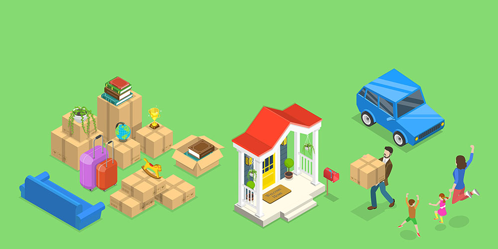 Un dessin qui représente un déménagement.Il y a des boites, un sofa, des valises, l’entrée d’une maison, une voiture, et une famille.