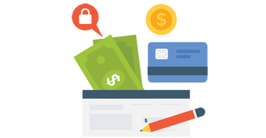 Drawing that represents financial elements: banknotes, bank card, coin, check book, padlock, pencil. 