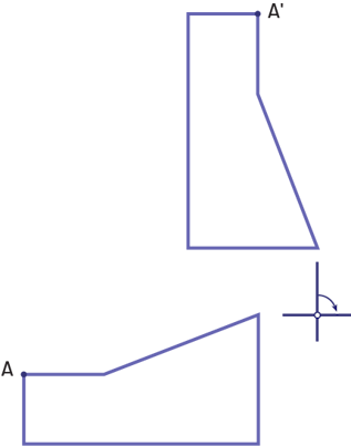 Un polygone qui a un point « A » subit un quart de tour dans le sens des aiguilles d’une montre. Le point est maintenant « A » prime. Les deux figures ont effectué un glissement et ne sont plus enlignées avec l’axe de rotation.